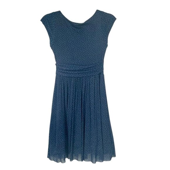 Anthropologie Weston Chiffon Midi Dress XS | Blue Polka Dot Cap Sleeve Fit Flare - Picture 4 of 15